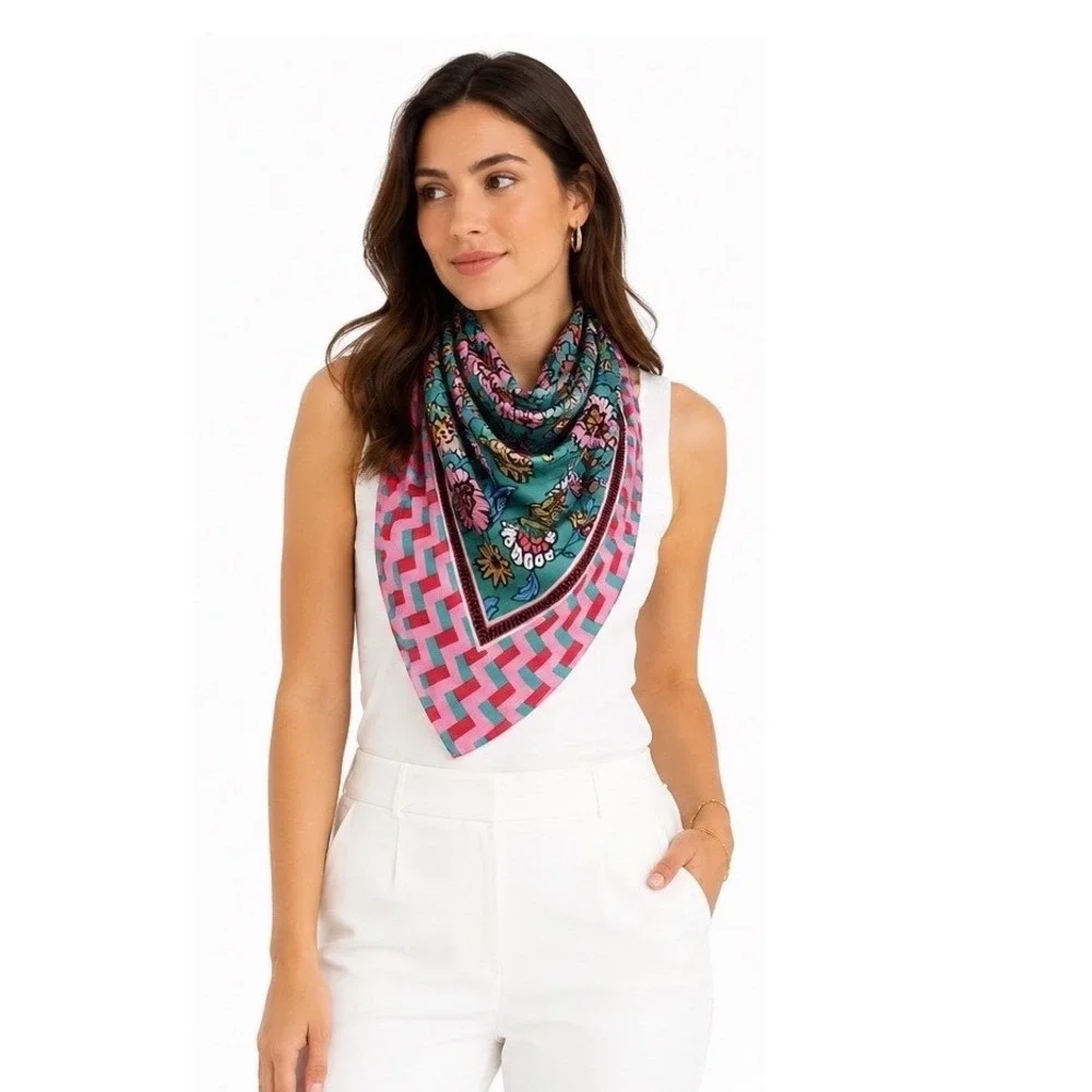 Zara Floral Geometric Square Scarf Pink Teal Green Silk Feel Neckerchief 26x28.5